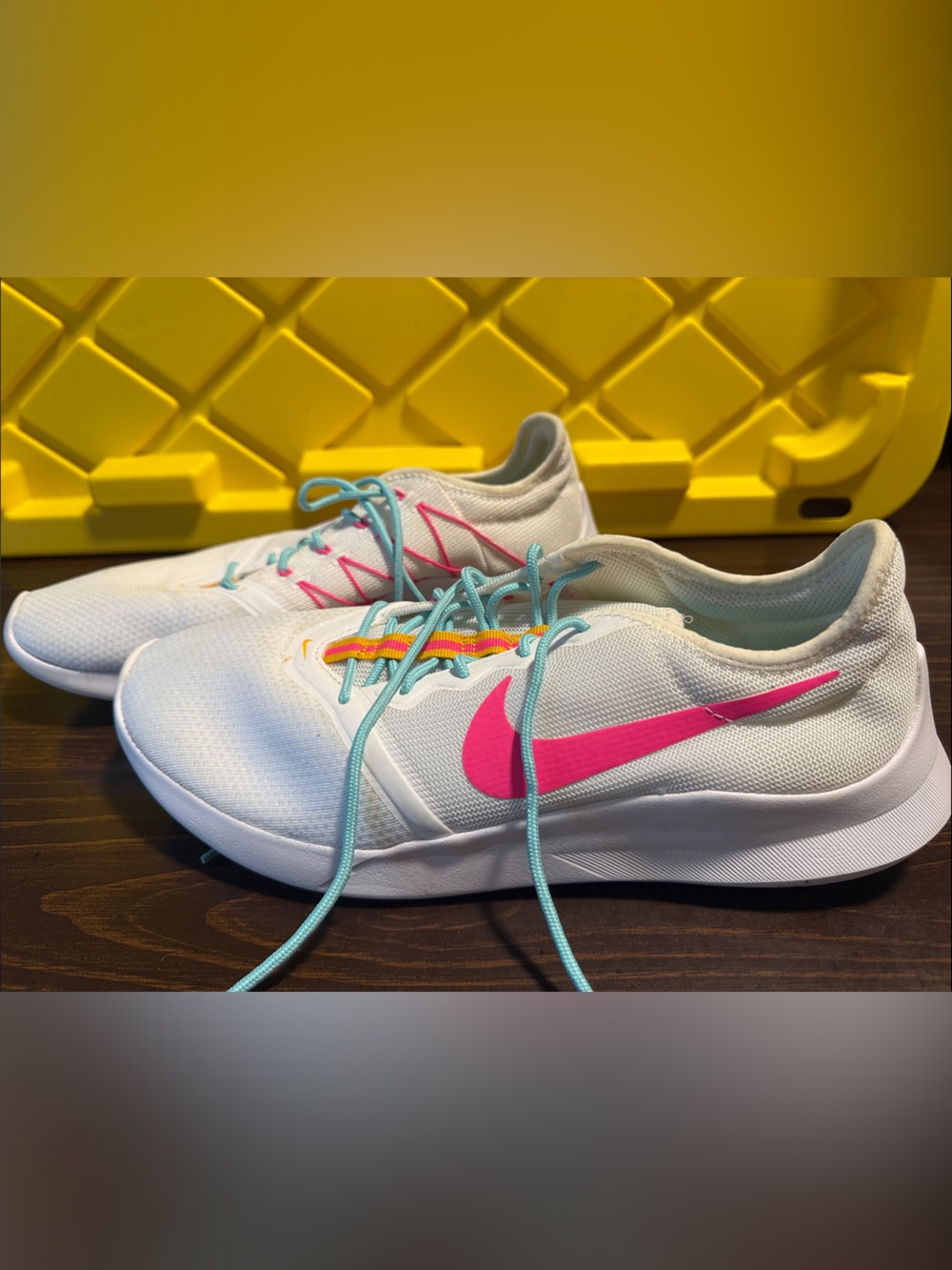 Nike White Running Shoes with Pink Swoosh and Aqua Laces